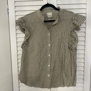 INDUSTRY Olive Gingham Ruffle-Sleeve Button Front Blouse
